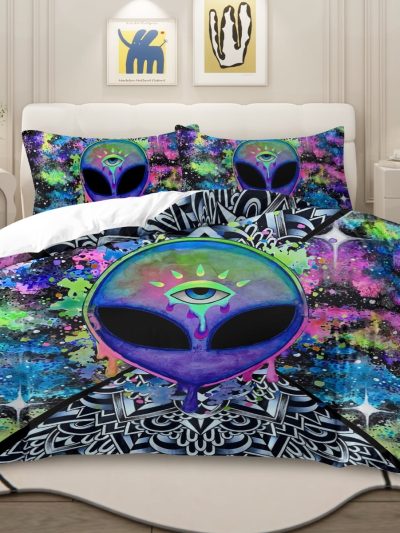Sleepwish 3 Pieces Psychedelic Alien Printed Bedding Duvet Cover Set Full for Kids Hippie Bedroom Decor