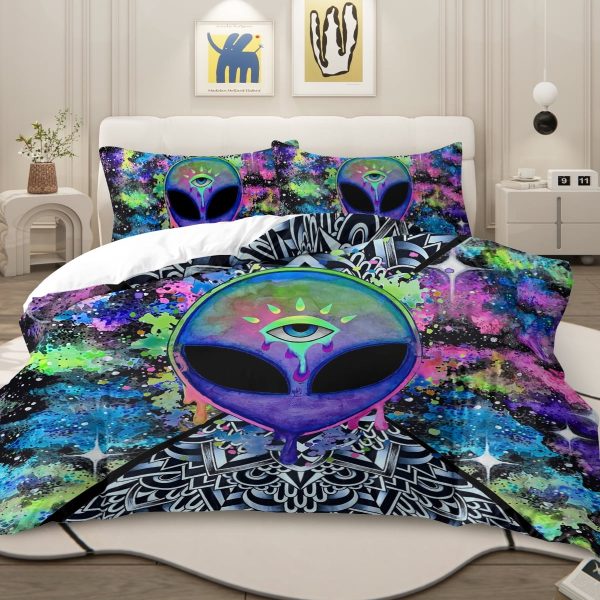 Sleepwish 3 Pieces Psychedelic Alien Printed Bedding Duvet Cover Set Full for Kids Hippie Bedroom Decor