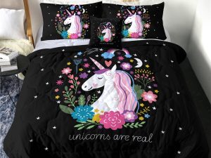 Sleepwish Kids Bedding Set 4 Pieces Super Soft Black Unicorn Twin Comforter Set for Girls