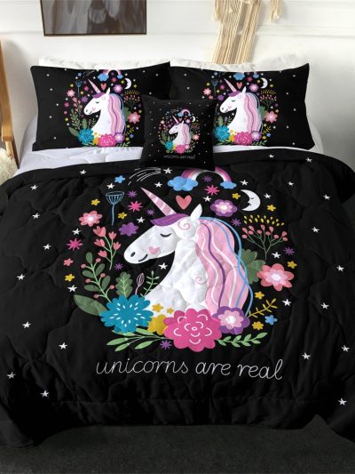 Sleepwish Kids Bedding Set 4 Pieces Super Soft Black Unicorn Twin Comforter Set for Girls