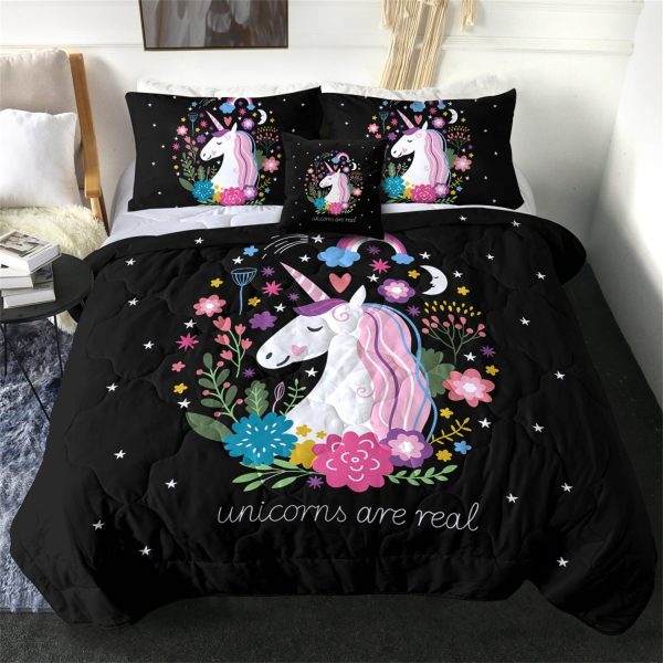 Sleepwish Kids Bedding Set 4 Pieces Super Soft Black Unicorn Twin Comforter Set for Girls