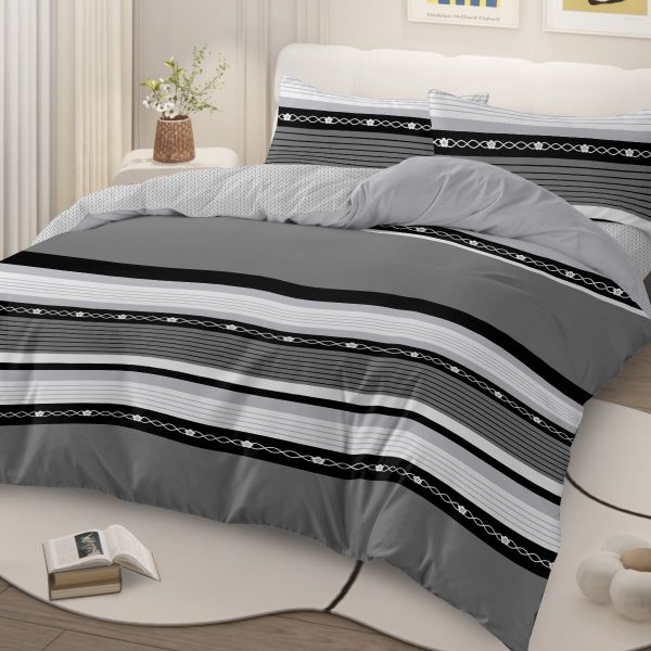 Sleepwish 3 Pieces Retro Stripe Duvet Cover Set Full for Kids Soft Classical Black Grey Bedding Set