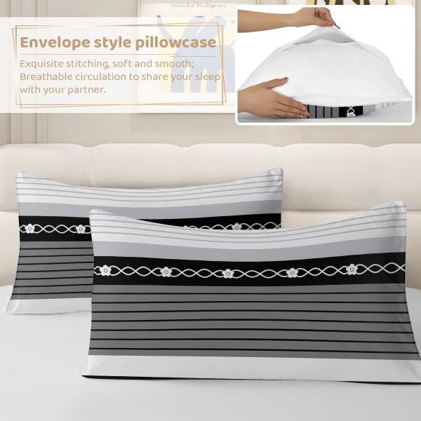 Sleepwish 3 Pieces Retro Stripe Duvet Cover Set Full for Kids Soft Classical Black Grey Bedding Set