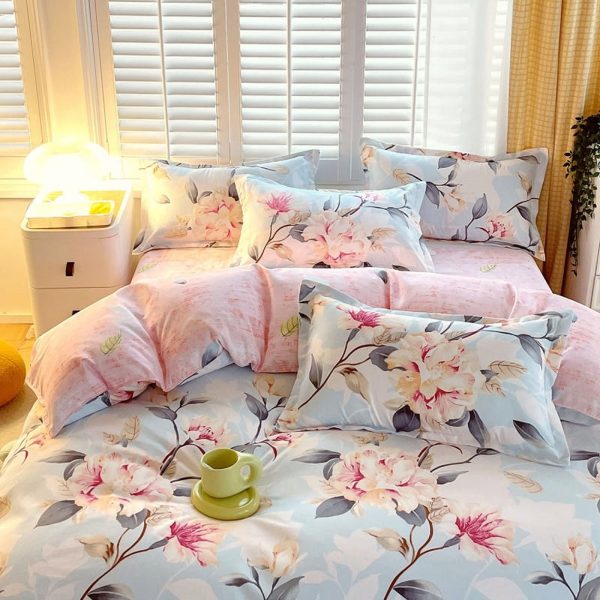 Sleepwish 3 Pieces Colorful Flowers Duvet Cover Set Queen for Teens Soft Bedding Set Pink Green