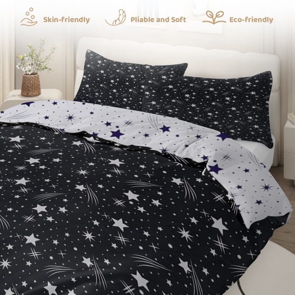 Sleepwish 3 Pieces Black Meteor Shower Printed Bedding Duvet Cover Set Queen for Kids Girls Bedroom Decor