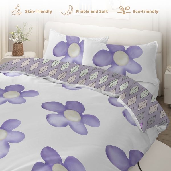 Arightex 3 Pieces Purple Flowers Printed Bedding Duvet Cover Set King for Adults Girls Bedroom Decor