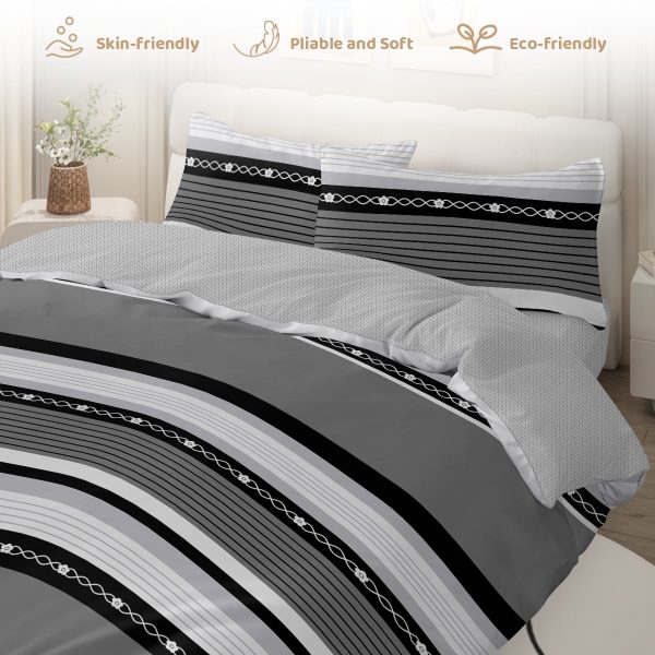 Sleepwish 3 Pieces Retro Stripe Duvet Cover Set Full for Kids Soft Classical Black Grey Bedding Set