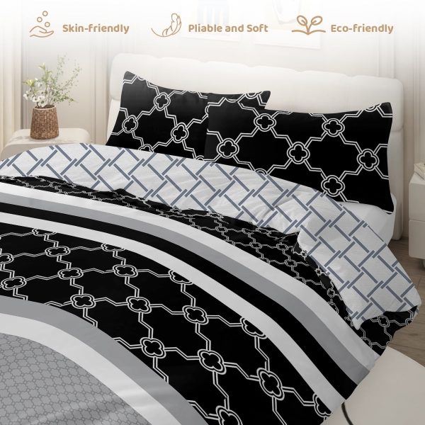 Sleepwish 3 Pieces Retro Polygon Plaid Duvet Cover Set King for Adults Soft Black Gray Clover Bedding Set