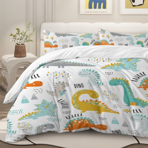 Sleepwish 3 Pieces Dinosaur Printed Bedding Duvet Cover Set Queen for Kids Boys Bedroom Decor