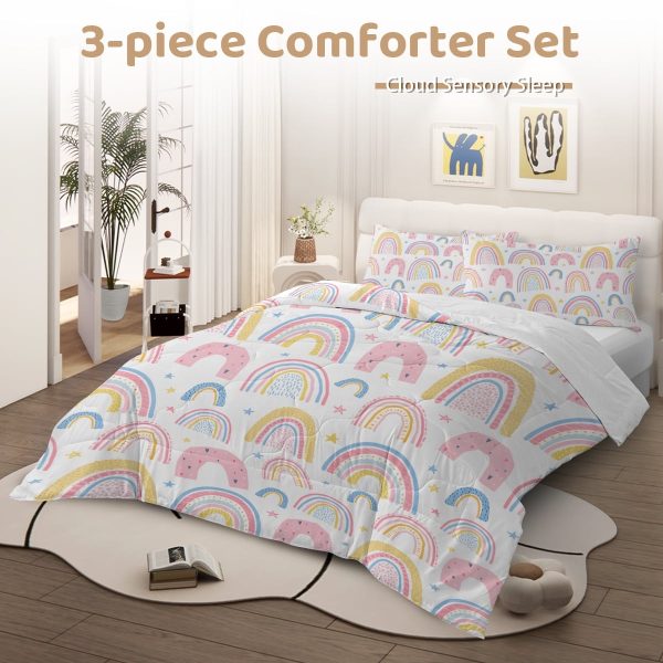 Sleepwish 3 Pieces Rainbow Comforter Set Full for Girls Pink Bedding Set for Kids Down Alternative