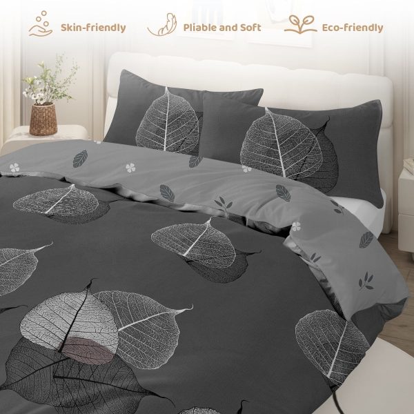 Sleepwish 3 Pieces Broad Leaves Printed Duvet Cover Set King for Adults Soft Bedding Set Green