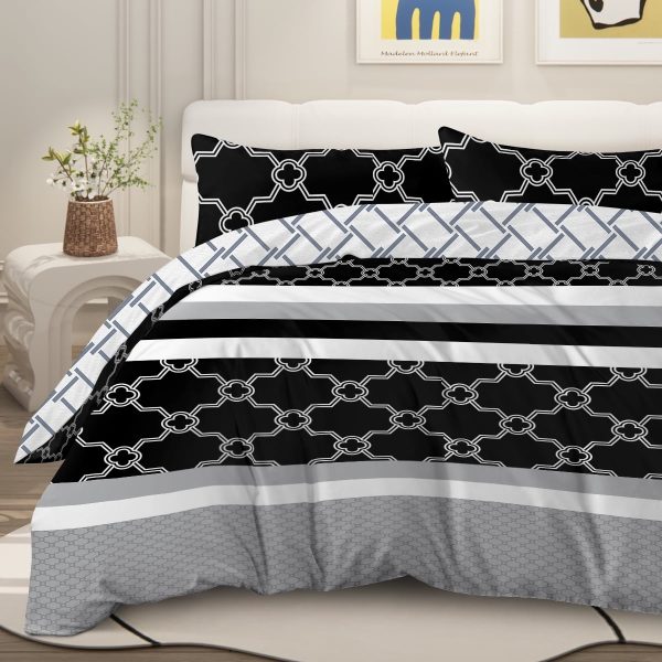 Sleepwish 3 Pieces Retro Polygon Plaid Duvet Cover Set King for Adults Soft Black Gray Clover Bedding Set