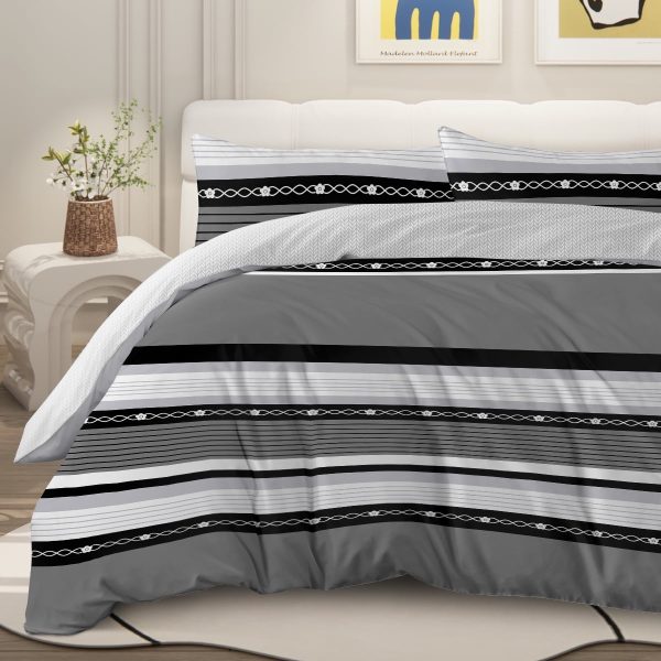 Sleepwish 3 Pieces Retro Stripe Duvet Cover Set Full for Kids Soft Classical Black Grey Bedding Set