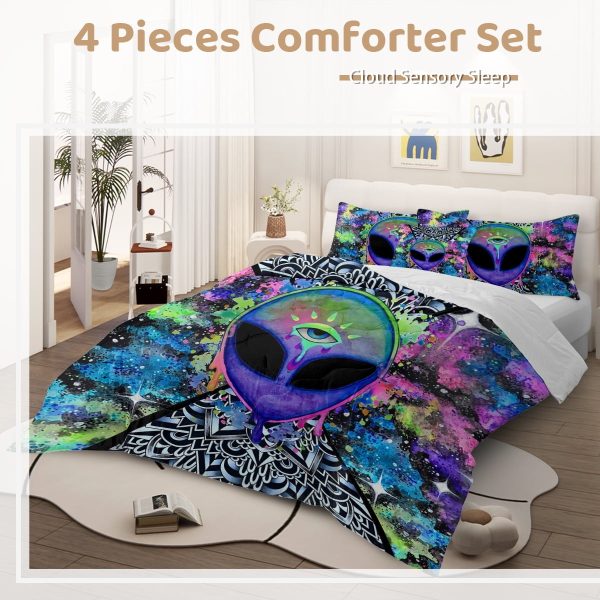 Sleepwish 4 Piece Alien Comforter Set Full Tie Dye with Psychedelic Alien Abstract Bedding Set for Boys