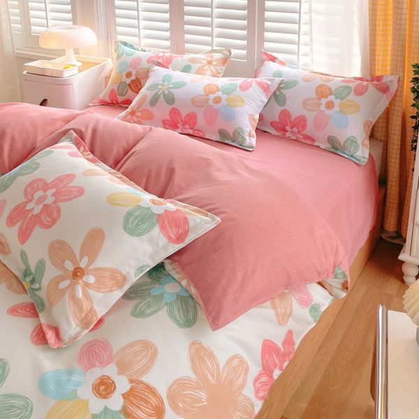 Sleepwish 3 Pieces Colorful Flowers Duvet Cover Set Queen for Teens Soft Bedding Set Pink Green