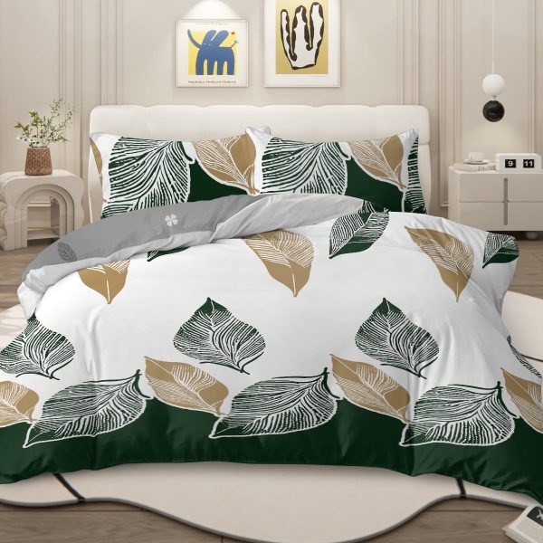 Sleepwish 3 Pieces Broad Leaves Printed Duvet Cover Set King for Adults Soft Bedding Set Green