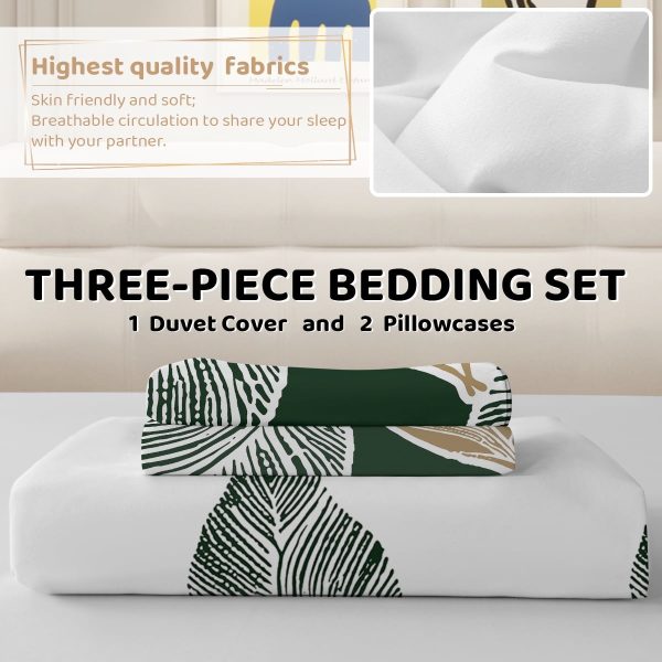Sleepwish 3 Pieces Broad Leaves Printed Duvet Cover Set King for Adults Soft Bedding Set Green