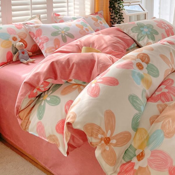 Sleepwish 3 Pieces Colorful Flowers Duvet Cover Set Queen for Teens Soft Bedding Set Pink Green