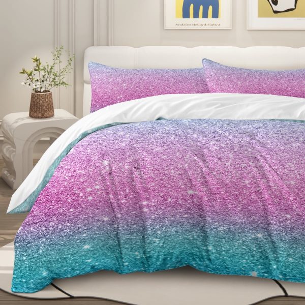 Arightex 3pcs Bedding Duvet Cover Set Full Size for Kids girls Rainbow Galaxy Pink Purple