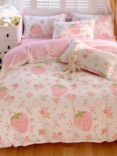 Sleepwish 3 Pieces Pink Strawberry Duvet Cover Set Full for Kids Girls Soft Floral Bedding Set