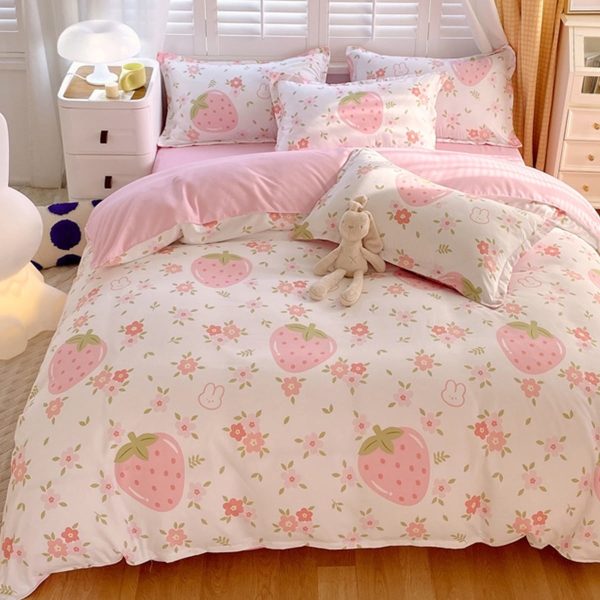 Sleepwish 3 Pieces Pink Strawberry Duvet Cover Set Full for Kids Girls Soft Floral Bedding Set