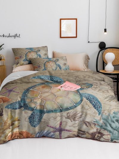 Arightex 3 Piece Twin Size Duvet Cover Set, Tortoise Sea Turtle Printed Bedding Gifts for Kids Teens