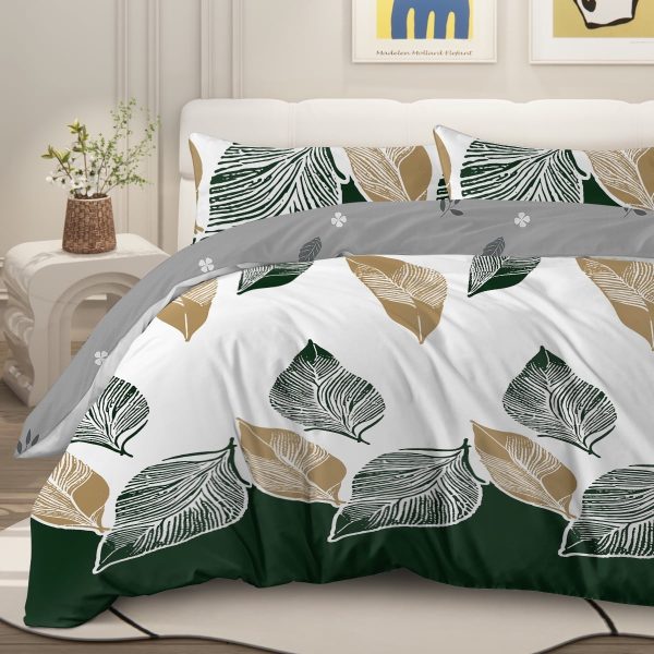 Sleepwish 3 Pieces Broad Leaves Printed Duvet Cover Set King for Adults Soft Bedding Set Green