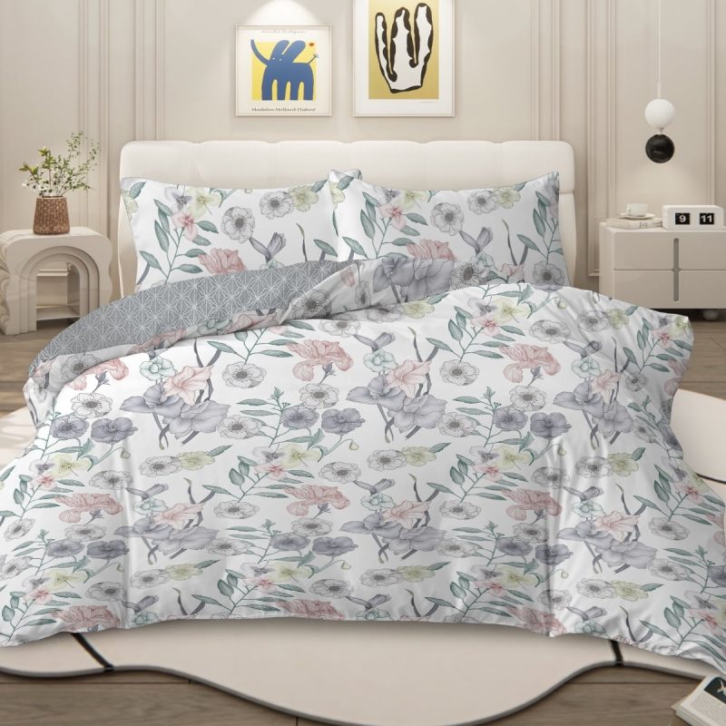Sleepwish 3 Pieces Colorful Floral Duvet Cover Set Twin for Kids Soft Pink Little Flower Bedding Set