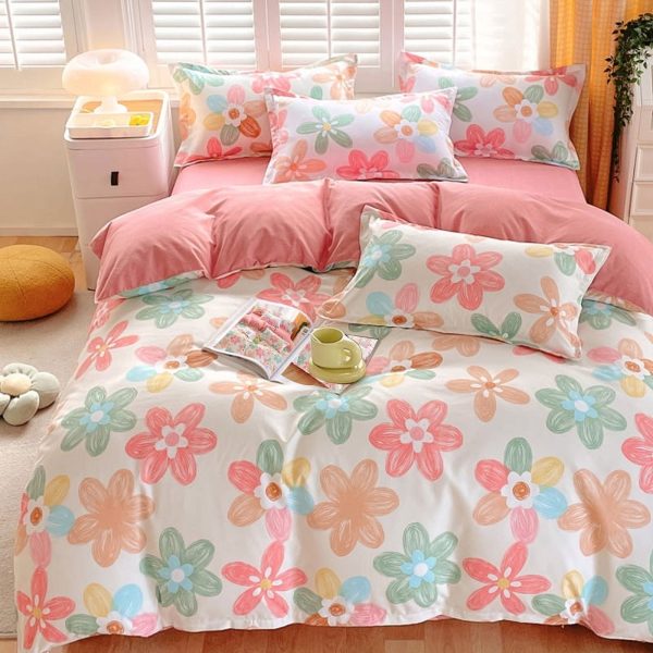 Sleepwish 3 Pieces Colorful Flowers Duvet Cover Set Queen for Teens Soft Bedding Set Pink Green