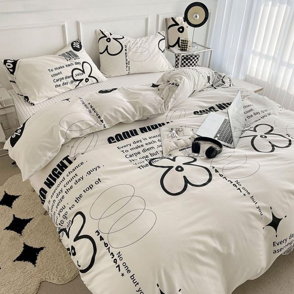 Sleepwish 3 Pieces Flower Language Printed Duvet Cover Set King for Adults Soft Black White Bedding Set