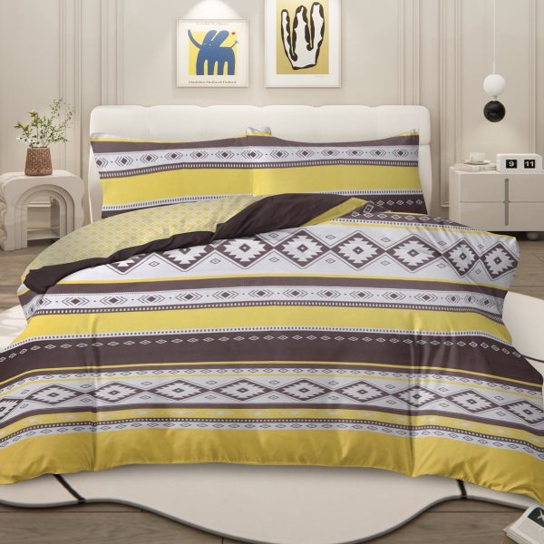 Sleepwish 3 Pieces Geometric Printed Bedding Duvet Cover Set Queen for Kids Brown Yellow Bedroom Decor