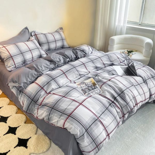 Sleepwish 3 Pieces Gray Plaid Printed Duvet Cover Set Full for Kids Bedding Set with 2 Pillowcases