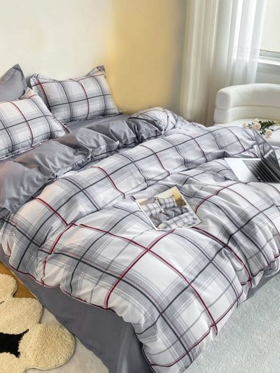 Sleepwish 3 Pieces Gray Plaid Printed Duvet Cover Set Twin for Kids Bedding Set with 2 Pillowcases