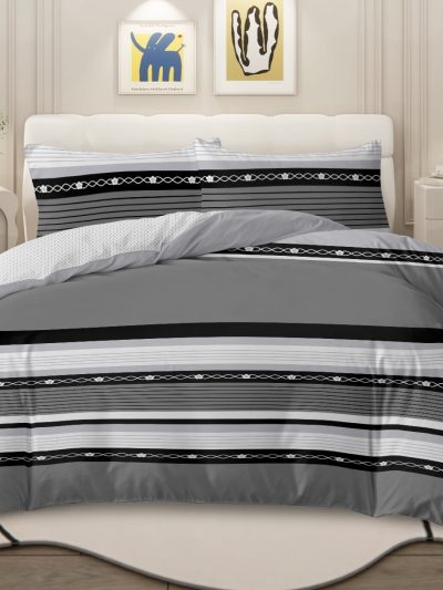 Sleepwish 3 Pieces Retro Stripe Duvet Cover Set Full for Kids Soft Classical Black Grey Bedding Set