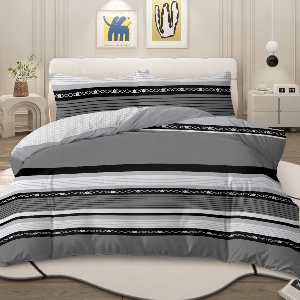 Sleepwish 3 Pieces Retro Stripe Duvet Cover Set Full for Kids Soft Classical Black Grey Bedding Set