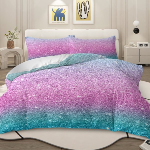 Arightex 3pcs Bedding Duvet Cover Set Full Size for Kids girls Rainbow Galaxy Pink Purple