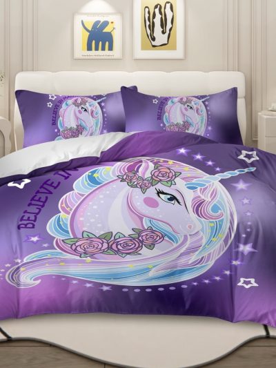 Sleepwish Purple Unicorn Duvet Cover Set for Girls Kids Full 3D Unicorn Printed Bedding Set
