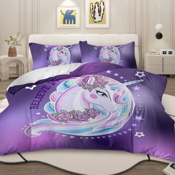 Sleepwish Purple Unicorn Duvet Cover Set for Girls Kids Full 3D Unicorn Printed Bedding Set