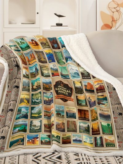Sleepwish American Parks Sherpa Throw Blanket for Couch National Parks of America Retro Fleece Blanket, 60x80"