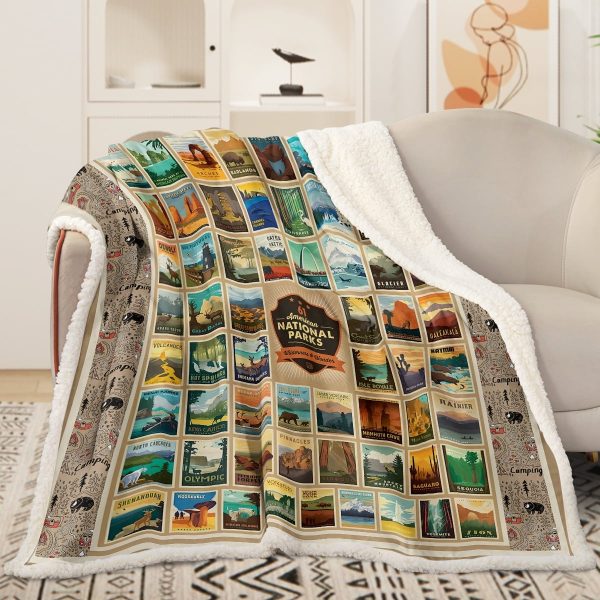 Sleepwish American Parks Sherpa Throw Blanket for Couch National Parks of America Retro Fleece Blanket, 60x80"