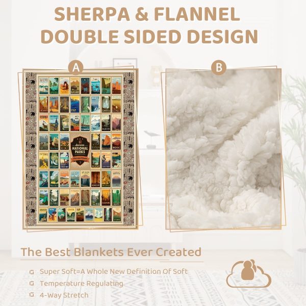 Sleepwish American Parks Sherpa Throw Blanket for Couch National Parks of America Retro Fleece Blanket, 60x80"