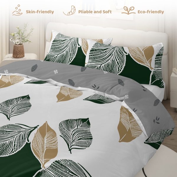 Sleepwish 3 Pieces Broad Leaves Printed Duvet Cover Set King for Adults Soft Bedding Set Green