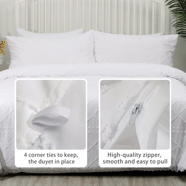 Sleepwish 3 Pieces Tufted Duvet Cover Set King Microfiber Soft White Comforter Cover Set
