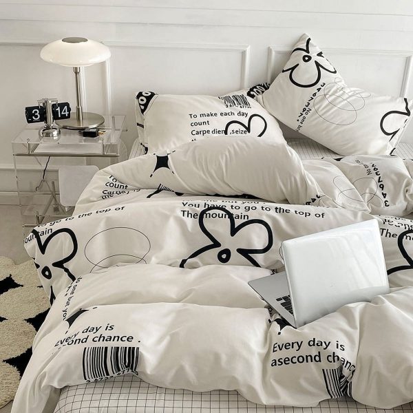 Sleepwish 3 Pieces Flower Language Printed Duvet Cover Set King for Adults Soft Black White Bedding Set