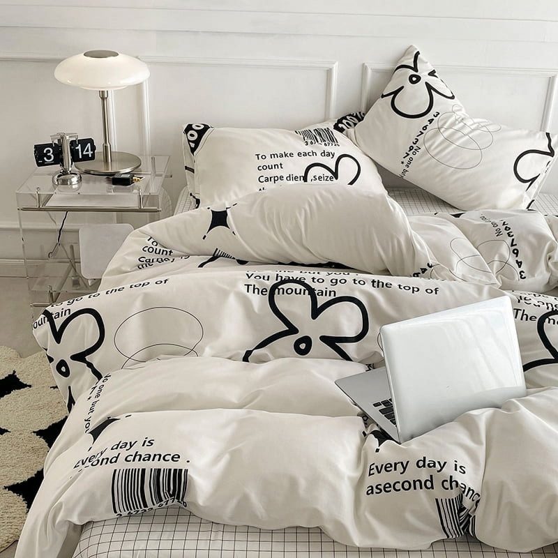 Sleepwish 3 Pieces Flower Language Printed Duvet Cover Set King for Adults Soft Black White Bedding Set - Image 2