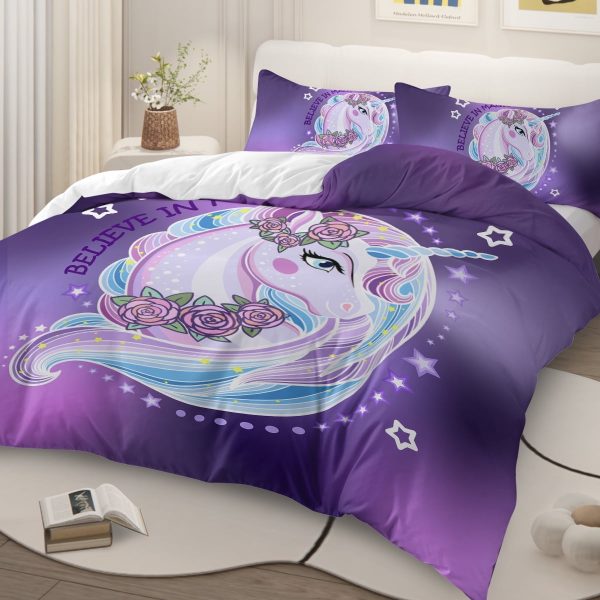 Sleepwish Purple Unicorn Duvet Cover Set for Girls Kids Full 3D Unicorn Printed Bedding Set