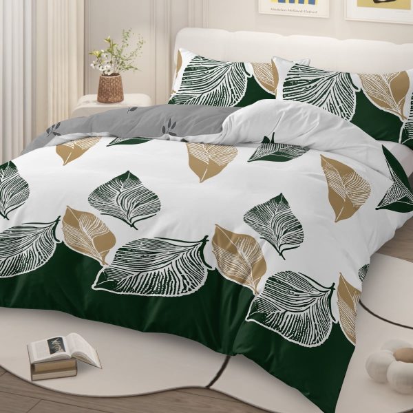 Sleepwish 3 Pieces Broad Leaves Printed Duvet Cover Set King for Adults Soft Bedding Set Green