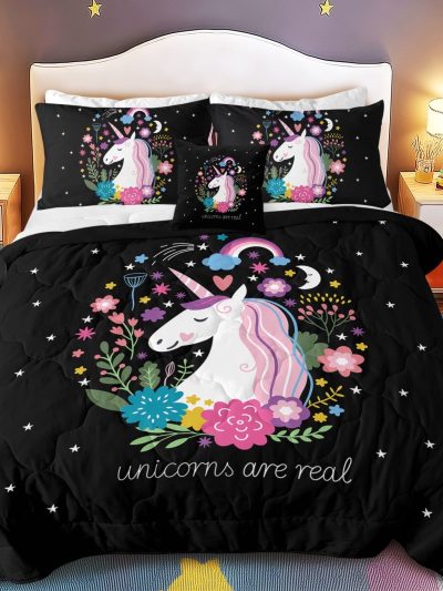 Sleepwish Kids Bedding Set 4 Pieces Super Soft Black Unicorn Twin Comforter Set for Girls