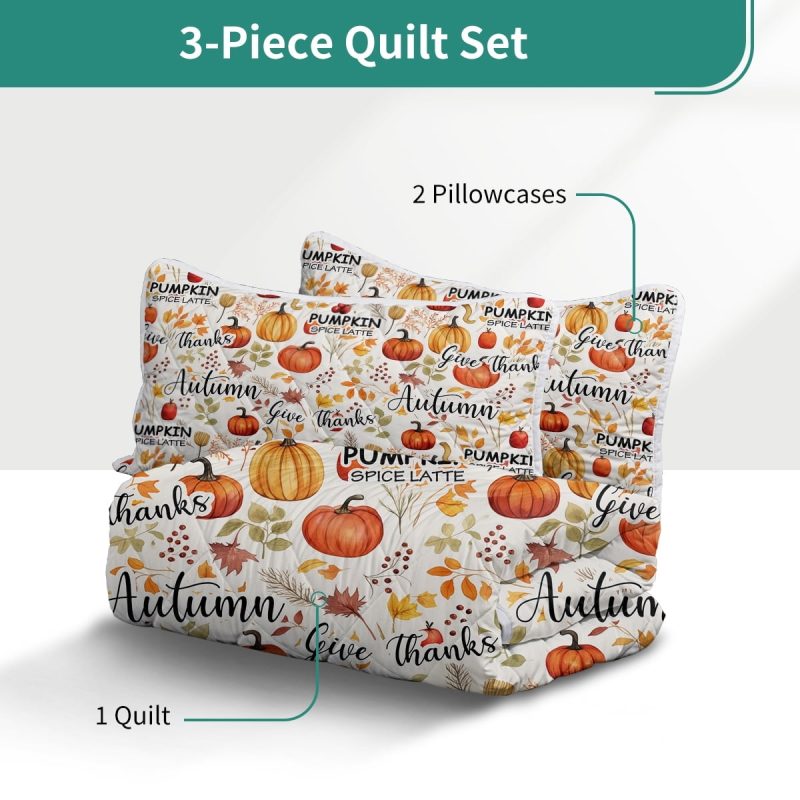Sleepwish 3 Pieces Quilt Set Full Size, Colorful Pumpkin Fall Leaves Flower Bedding Set Lightweight Bedspreads Bed Cover - Image 11