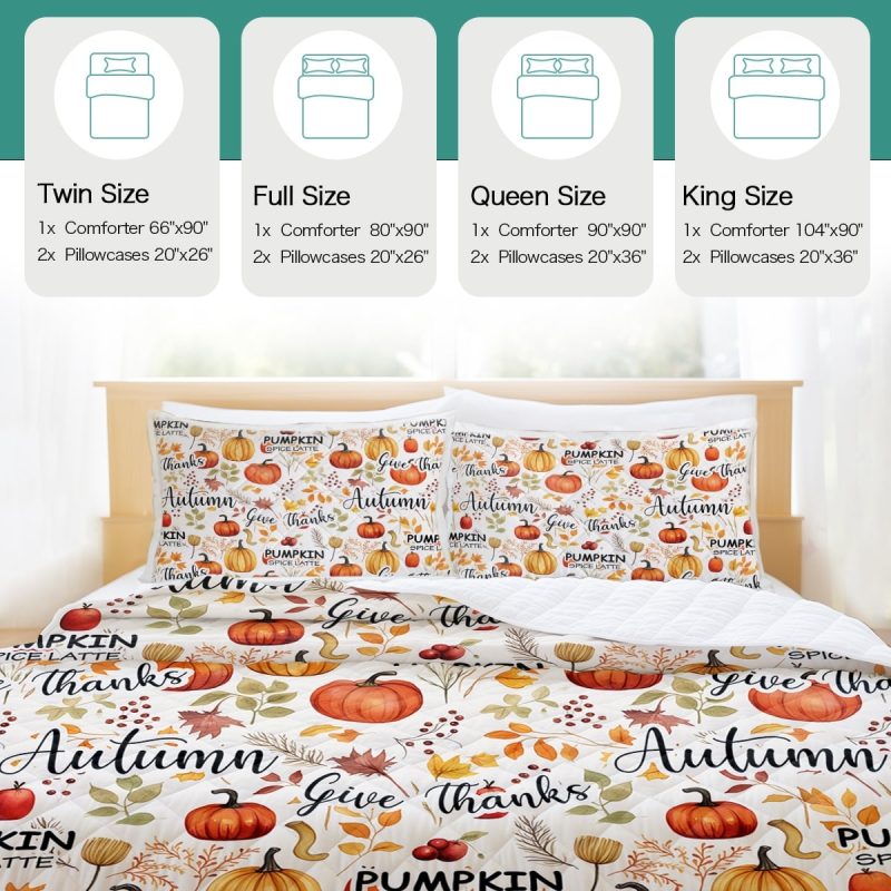 Sleepwish 3 Pieces Quilt Set Full Size, Colorful Pumpkin Fall Leaves Flower Bedding Set Lightweight Bedspreads Bed Cover - Image 14
